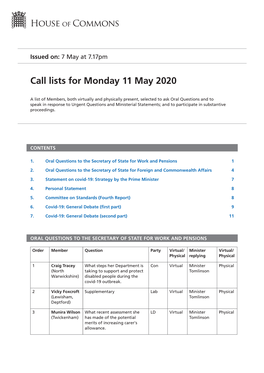 Call List for Mon 11 May 2020