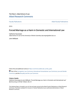 Forced Marriage As a Harm in Domestic and International Law