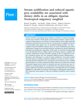 Stream Acidification and Reduced Aquatic Prey Availability Are Associated with Dietary Shifts in an Obligate Riparian Neotropical Migratory Songbird