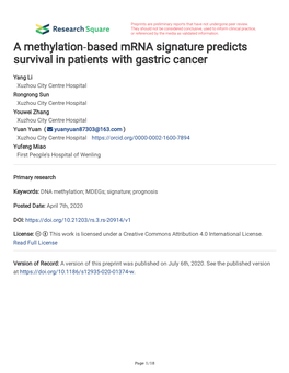 A Methylation‐Based Mrna Signature Predicts Survival in Patients with Gastric Cancer