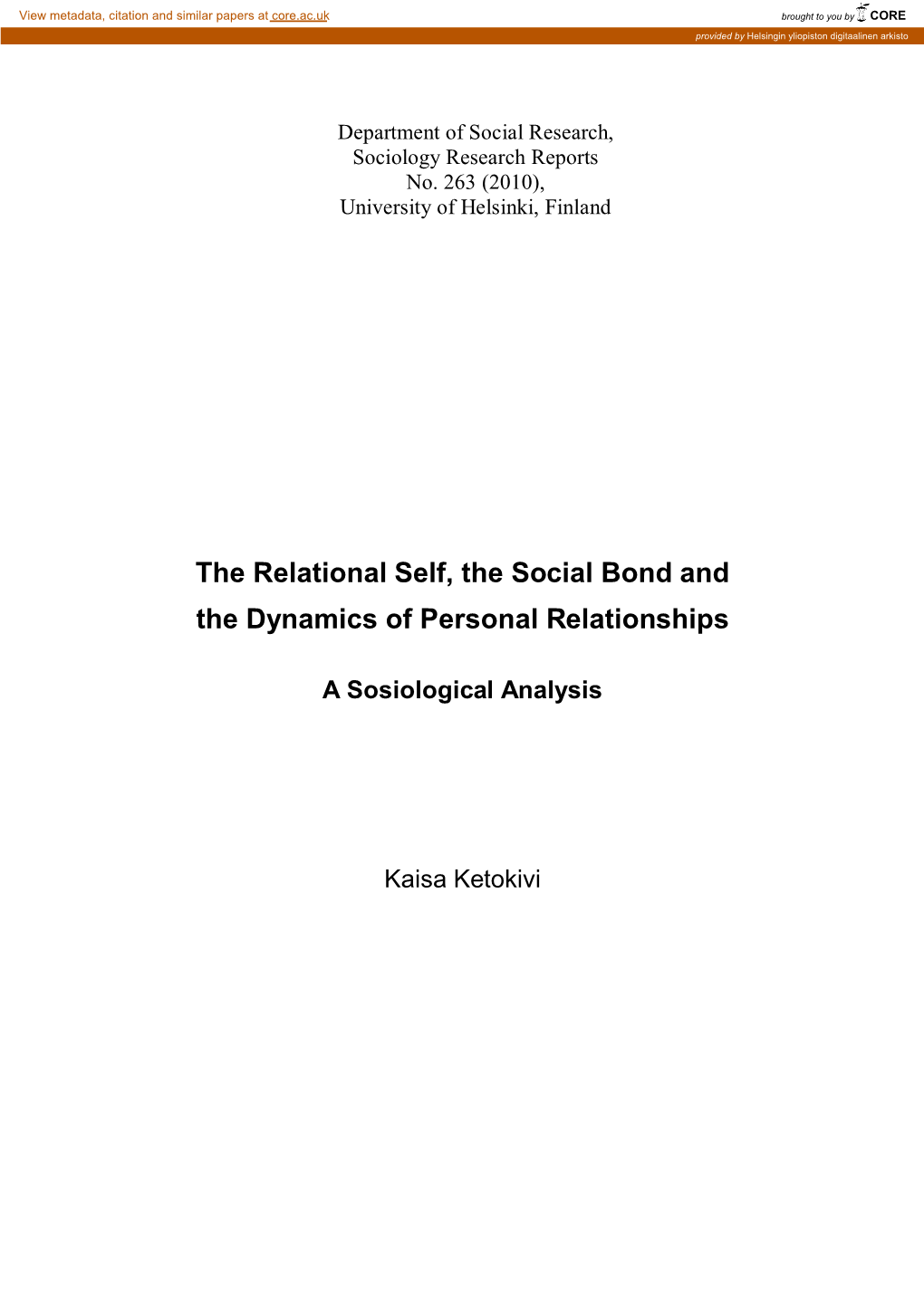 The Relational Self, the Social Bond and the Dynamics of Personal Relationships