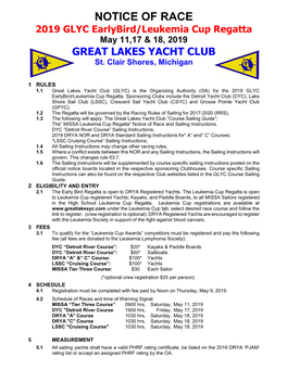 NOTICE of RACE 2019 GLYC Earlybird/Leukemia Cup Regatta May 11,17 & 18, 2019 GREAT LAKES YACHT CLUB St