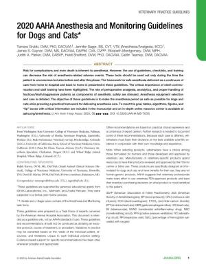 2020 AAHA Anesthesia and Monitoring Guidelines for Dogs and Cats*