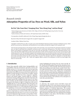 Adsorption Properties of Lac Dyes on Wool, Silk, and Nylon