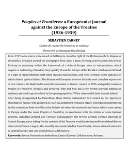 Peuples Et Frontières: a Europeanist Journal Against the Europe of the Treaties (1936-1939)