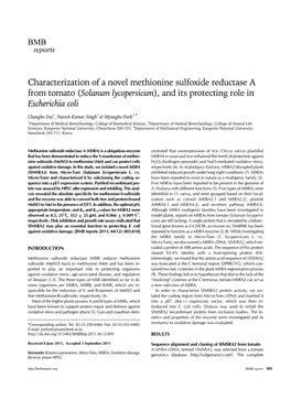 Characterization of a Novel Methionine Sulfoxide Reductase a from Tomato (Solanum Lycopersicum), and Its Protecting Role in Escherichia Coli