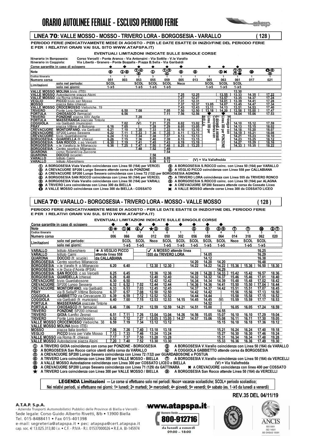 Orario Autolinee Feriale - Escluso Periodo Ferie