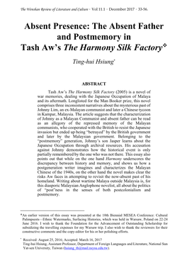The Absent Father and Postmemory in Tash Aw's the Harmony Silk Factory