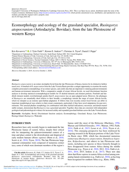 Ecomorphology and Ecology of the Grassland Specialist, Rusingoryx Atopocranion (Artiodactyla: Bovidae), from the Late Pleistocene of Western Kenya