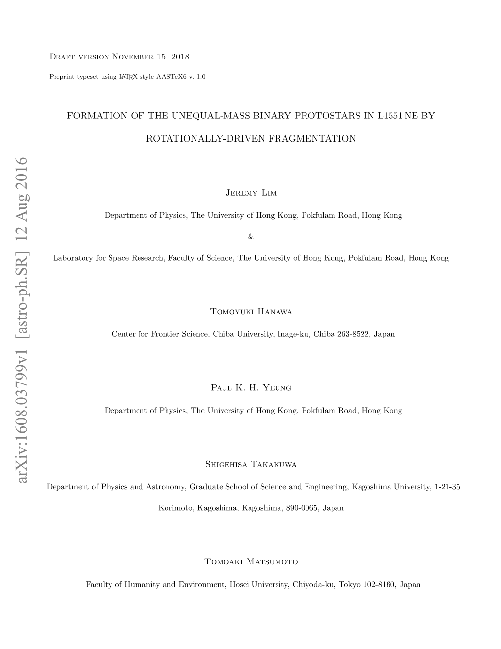 Arxiv:1608.03799V1 [Astro-Ph.SR] 12 Aug 2016 Department of Physics and Astronomy, Graduate School of Science and Engineering, Kagoshima University, 1-21-35