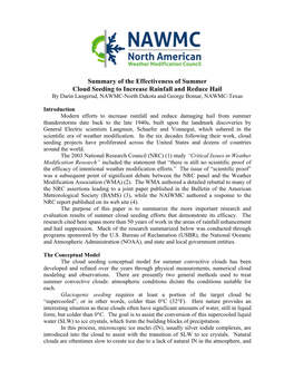 Summary of the Effectiveness of Summer Cloud Seeding to Increase Rainfall and Reduce Hail by Darin Langerud, NAWMC-North Dakota and George Bomar, NAWMC-Texas