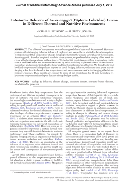 Late-Instar Behavior of Aedes Aegypti (Diptera: Culicidae) Larvae in Different Thermal and Nutritive Environments