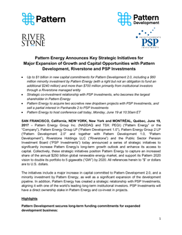 Pattern Energy Announces Key Strategic Initiatives for Major Expansion of Growth and Capital Opportunities with Pattern Development, Riverstone and PSP Investments