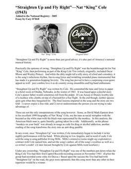 “Straighten up and Fly Right”—Nat “King” Cole (1943) Added to the National Registry: 2005 Essay by Cary O’Dell