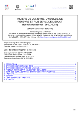 RIVIERE DE LA NIEVRE, D'heuille, DE RENEVRE ET RUISSEAUX DE MEULOT (Identifiant National : 260030081)