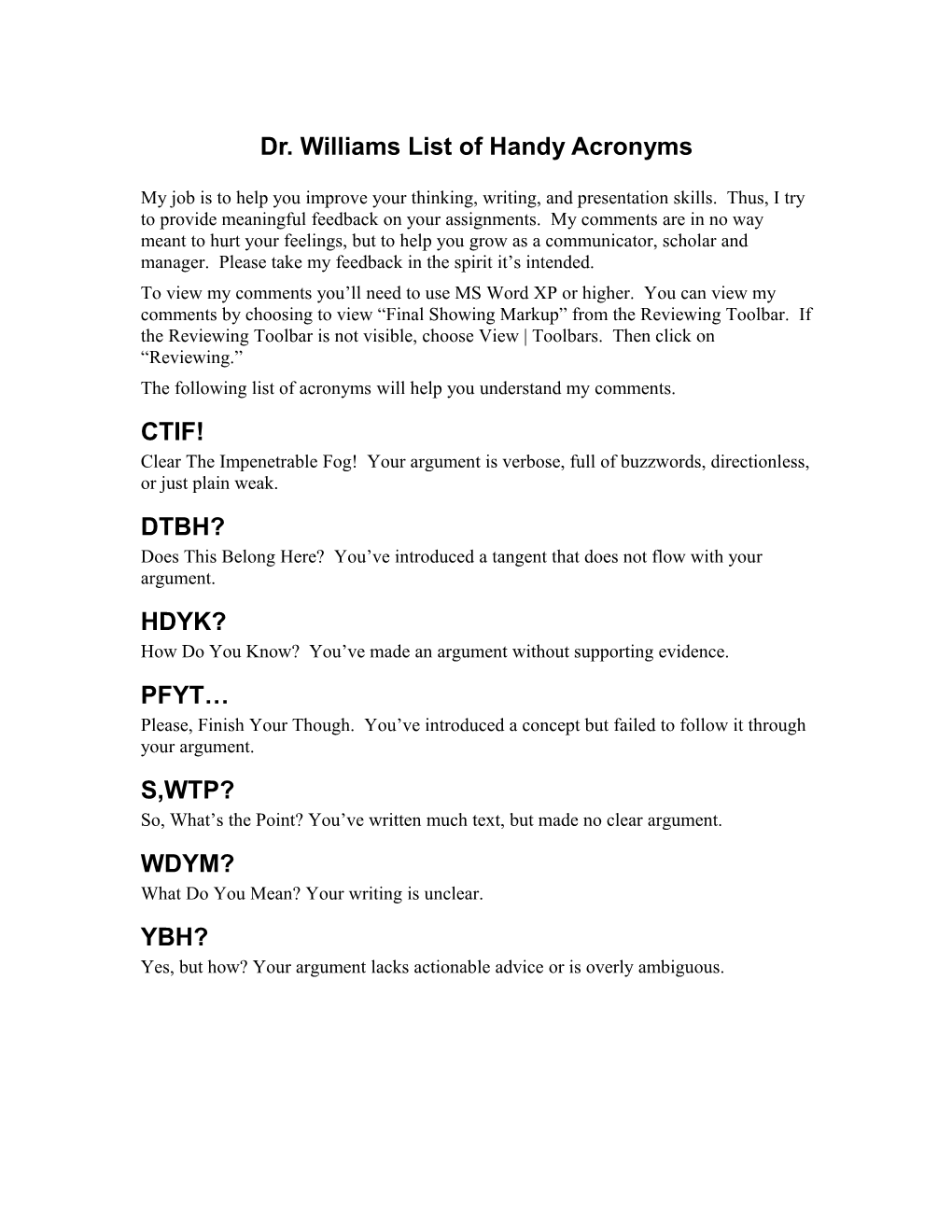 Dr. Williams List of Handy Acronyms