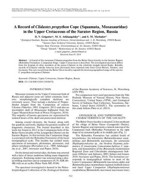 A Record of Clidastes Propython Cope (Squamata, Mosasauridae) in the Upper Cretaceous of the Saratov Region, Russia D