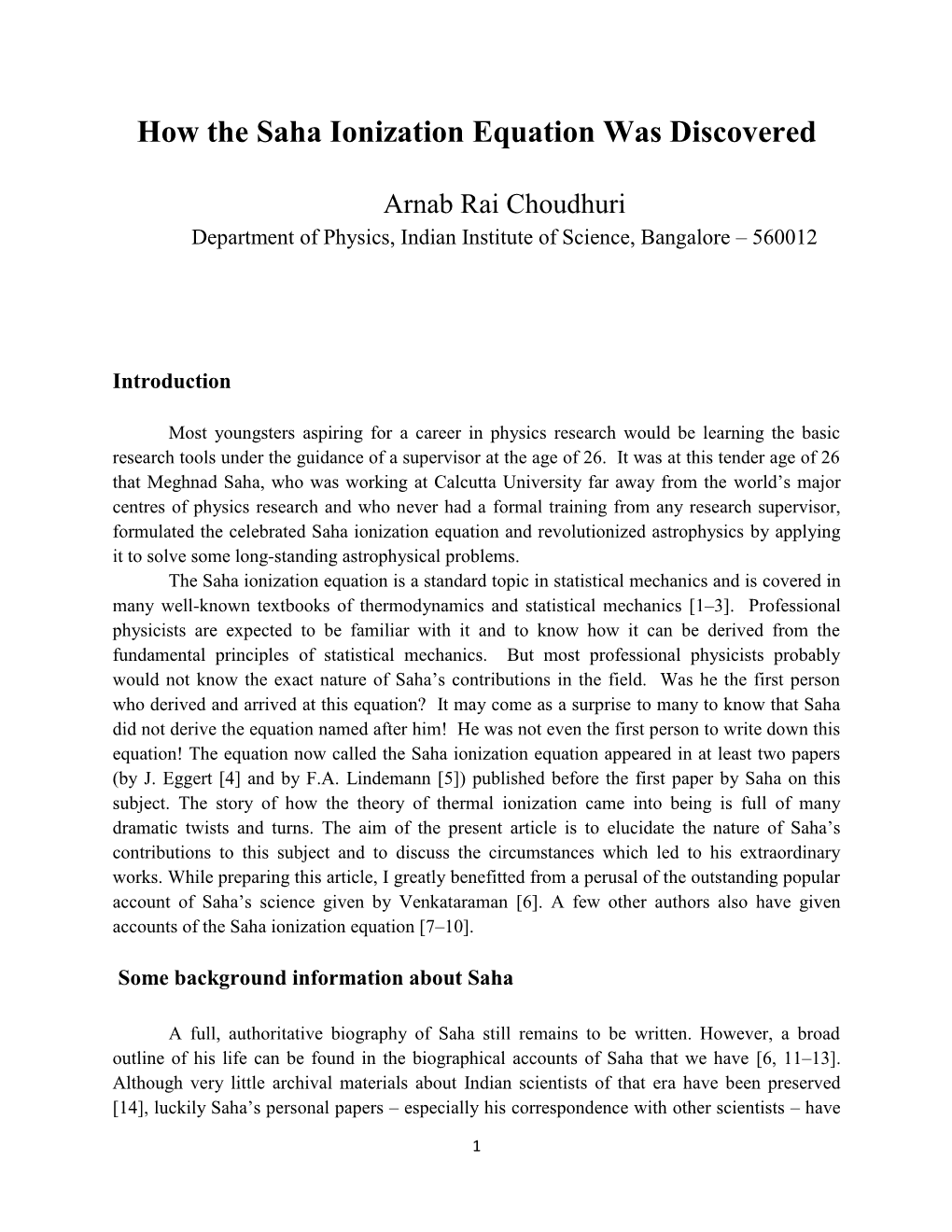 How the Saha Ionization Equation Was Discovered