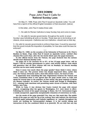 DIES DOMINI Pope John Paul II Calls for National Sunday Laws