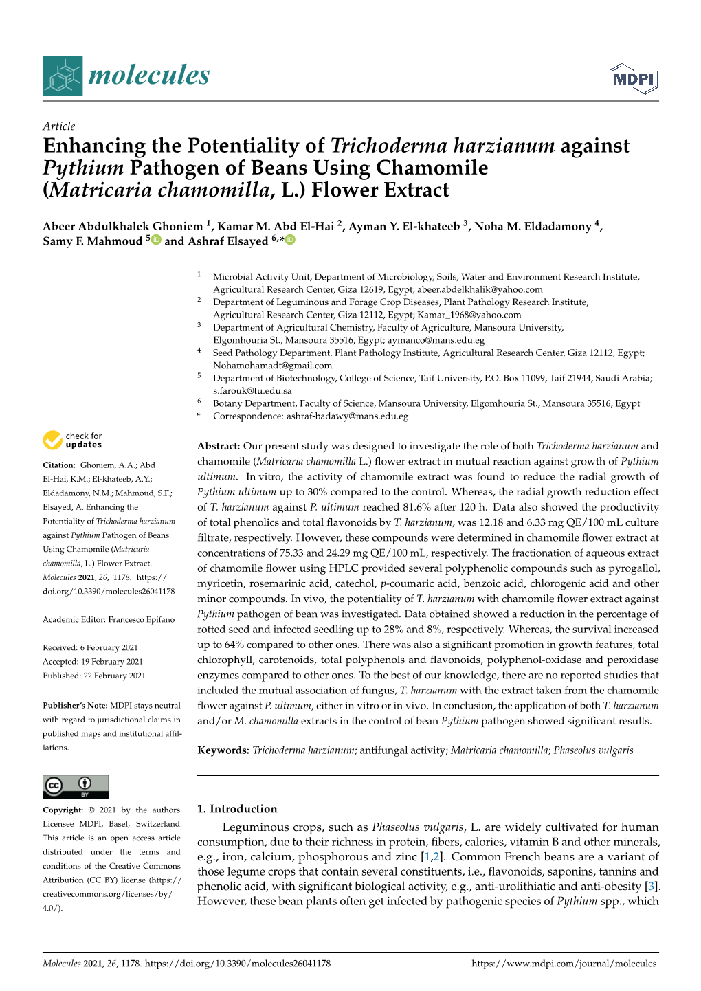 Enhancing the Potentiality of Trichoderma Harzianum Against Pythium Pathogen of Beans Using Chamomile (Matricaria Chamomilla, L.) Flower Extract