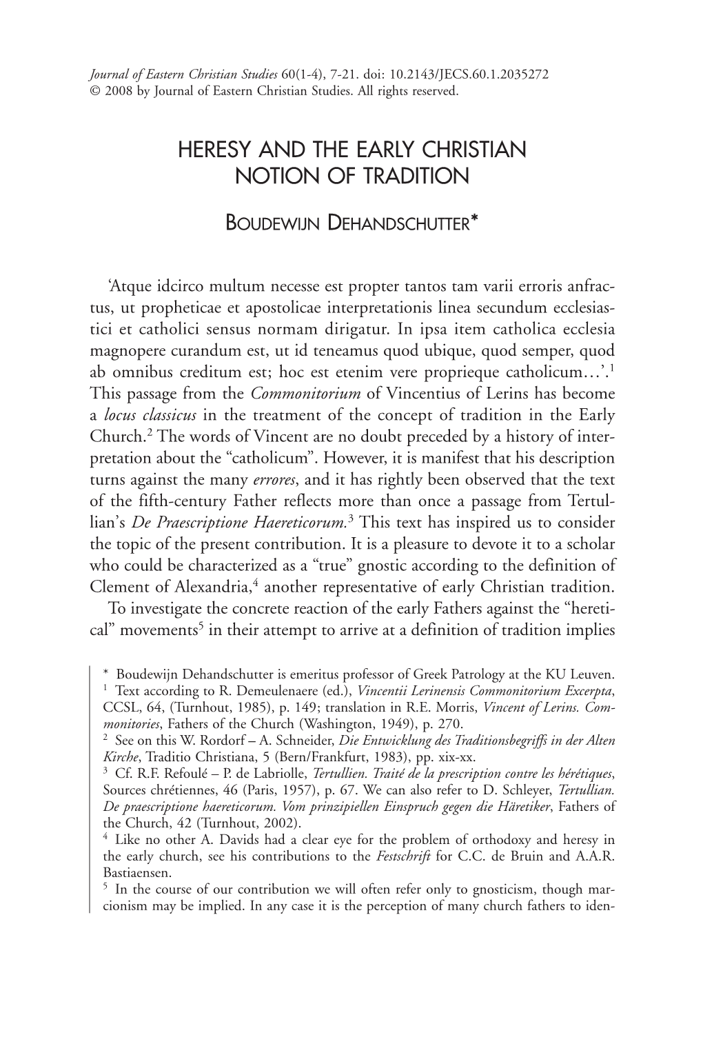 Heresy and the Early Christian Notion of Tradition