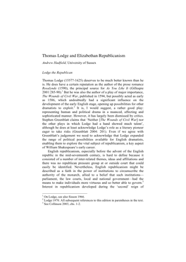 Thomas Lodge and Elizabethan Republicanism Andrew Hadfield, University of Sussex