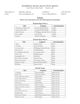 WEDDING MUSIC SELECTION SHEET Sacred Heart Catholic Parish Dearborn, MI