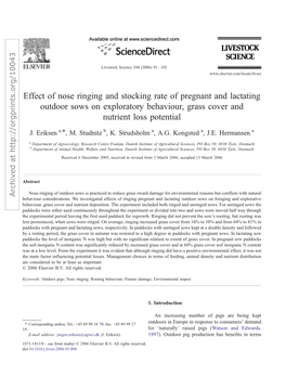 Effect of Nose Ringing and Stocking Rate of Pregnant and Lactating Outdoor Sows on Exploratory Behaviour, Grass Cover and Nutrient Loss Potential