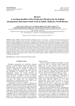 A Working Checklist of the Freshwater Fish Diversity for Habitat Management and Conservation Work in Sabah, Malaysia, North Borneo