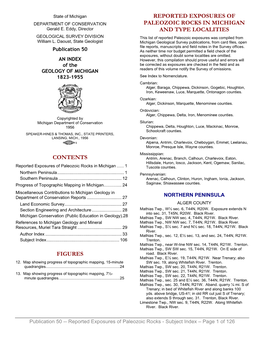 Contents Figures Reported Exposures of Paleozoic Rocks in Michigan and Type Localities