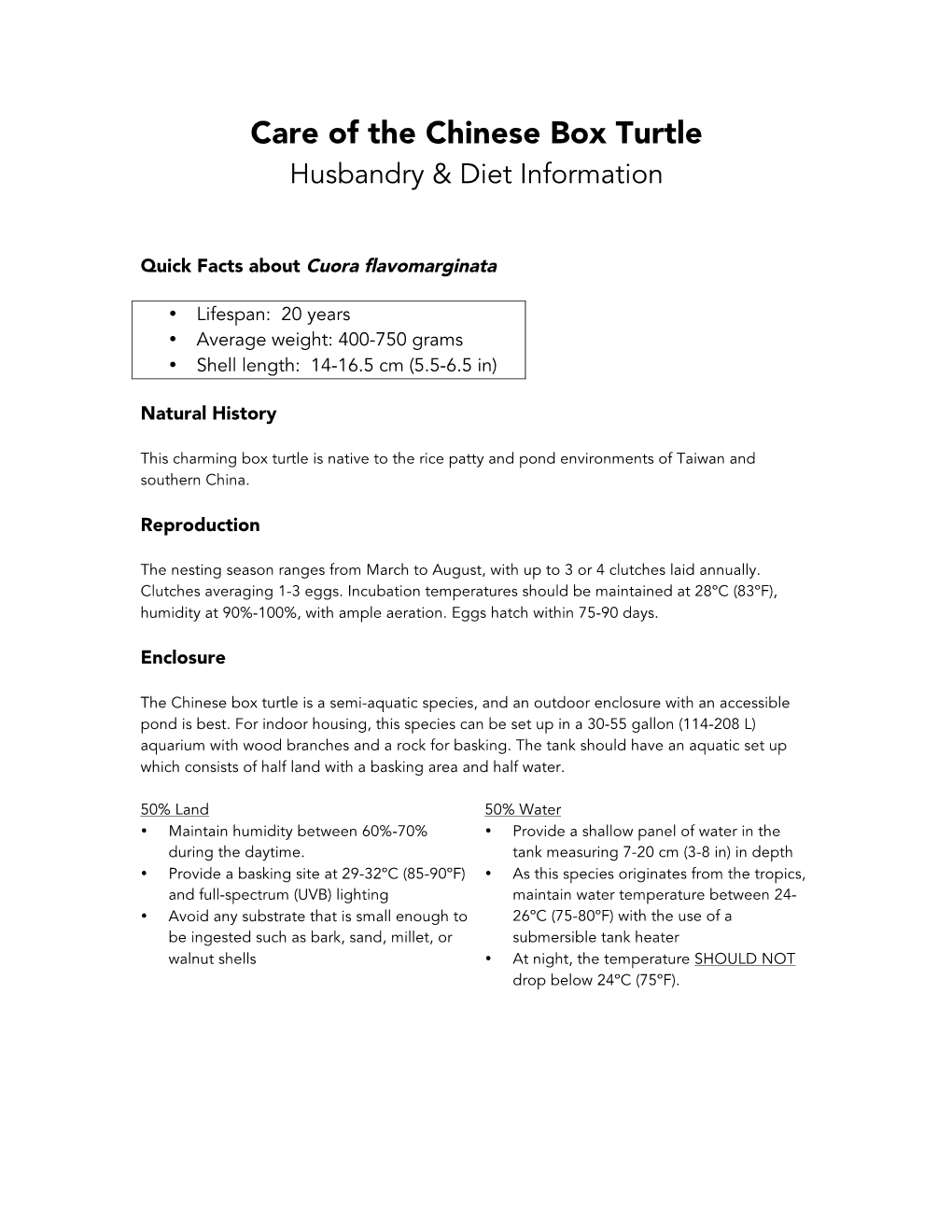 Care of the Chinese Box Turtle Husbandry & Diet Information