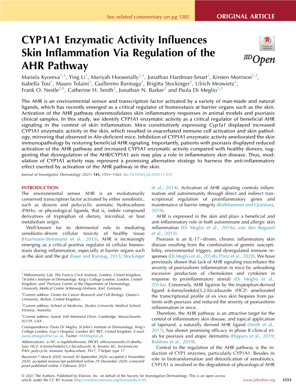 CYP1A1 Enzymatic Activity Influences Skin Inflammation Via Regulation Of