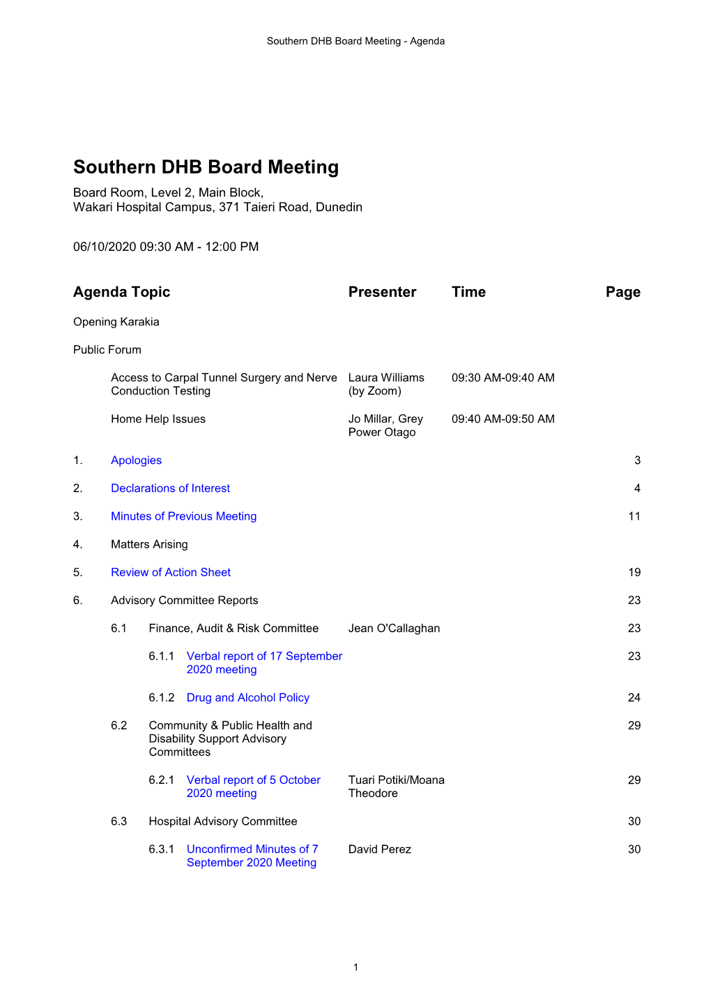 Board Agenda, 6 October 2020