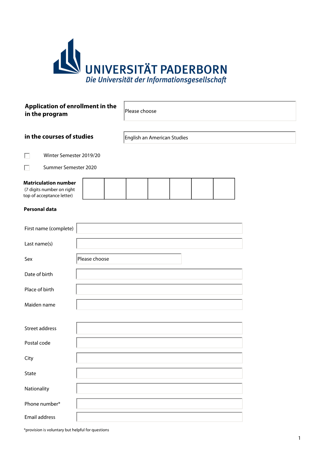 In the Courses of Studies Application of Enrollment in the in the Program