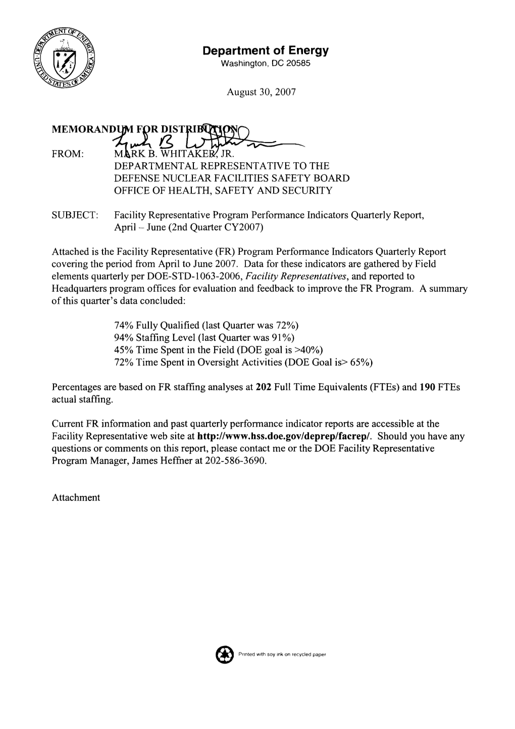 2Q CY2007, Facility Representative Program Performance Indicators