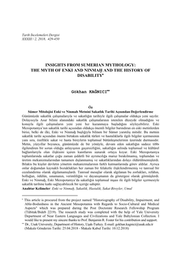 INSIGHTS from SUMERIAN MYTHOLOGY: the MYTH of ENKI and NINMAḪ and the HISTORY of DISABILITY* Gökhan KAĞNICI**