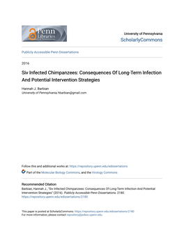 Siv Infected Chimpanzees: Consequences of Long-Term Infection and Potential Intervention Strategies