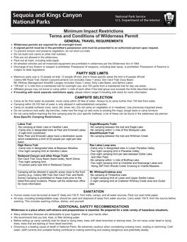 Minimum Impact Restrictions Terms and Conditions of Wilderness Permit GENERAL TRAVEL REQUIREMENTS • Wilderness Permits Are Required for All Overnight Travel