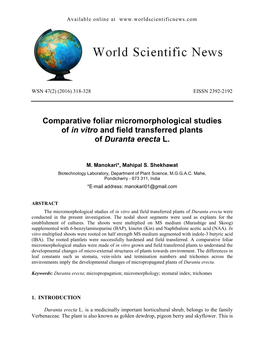 Comparative Foliar Micromorphological Studies of in Vitro and Field Transferred Plants of Duranta Erecta L