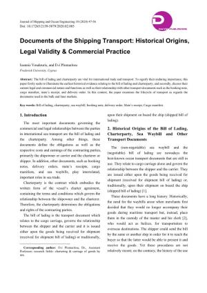 Documents of the Shipping Transport: Historical Origins, Legal Validity & Commercial Practice