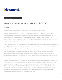 Newmont Announces Acquisition of GT Gold