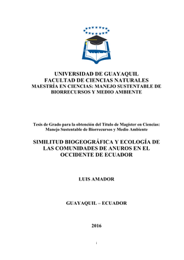 Universidad De Guayaquil Facultad De Ciencias Naturales Maestría En Ciencias: Manejo Sustentable De Biorrecursos Y Medio Ambiente