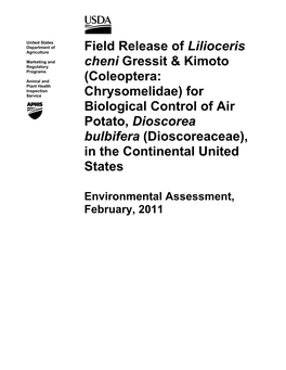 For Biological Control of Air Potato, Dioscorea Bulbifera (Dioscoreaceae), in the Continental United States