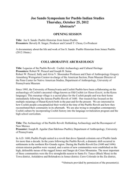 Joe Sando Symposium for Pueblo Indian Studies Thursday, October 25, 2012 Abstracts*