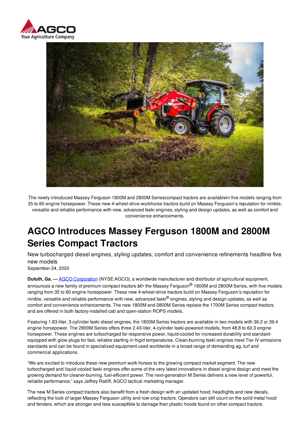 AGCO Introduces Massey Ferguson 1800M and 2800M Series Compact