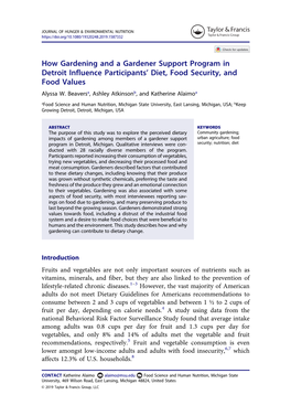 How Gardening and a Gardener Support Program in Detroit Influence Participants’ Diet, Food Security, and Food Values Alyssa W