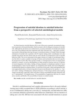Progression of Suicidal Ideation to Suicidal Behavior from a Perspective of Selected Suicidological Models