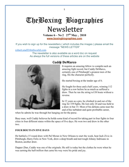 Theboxing Biographies Newsletter Volume 6 – No 2 27Th May , 2010