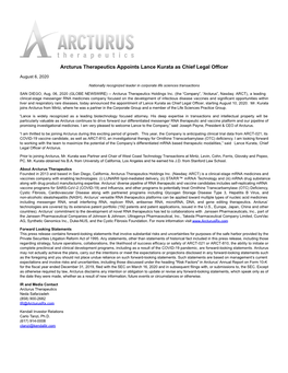 Arcturus Therapeutics Appoints Lance Kurata As Chief Legal Officer