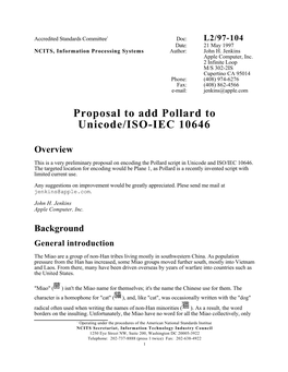 Proposal to Add Pollard to Unicode/ISO-IEC 10646